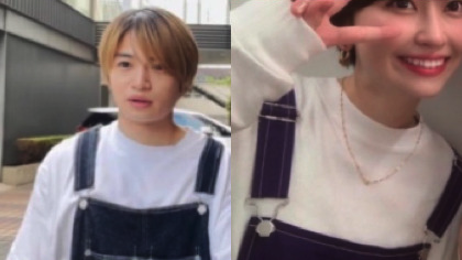 菊池風磨と鈴木真海子がオーバーオール着ている画像