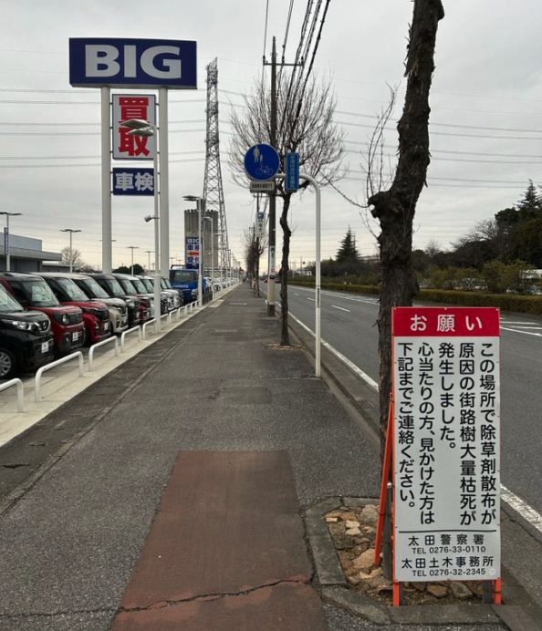ビッグモーター前の除草剤犯人を探す看板画像